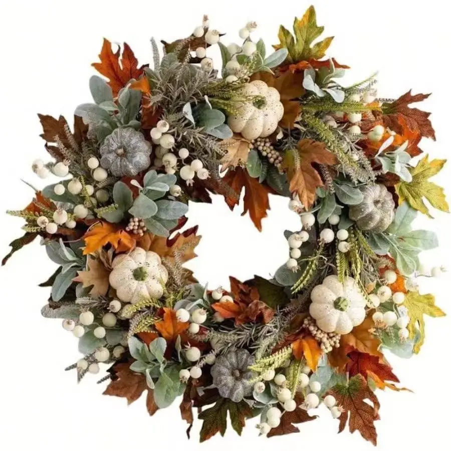 Thanksgiving Decor Wreath, 15.75 Inch Fall Wreath, Front Door Autumn Wreath with Pumpkins, Pinecones, Maple Leaves, Berries and Flowers, Harvest Wreath for Indoor Outdoor Home Decoration