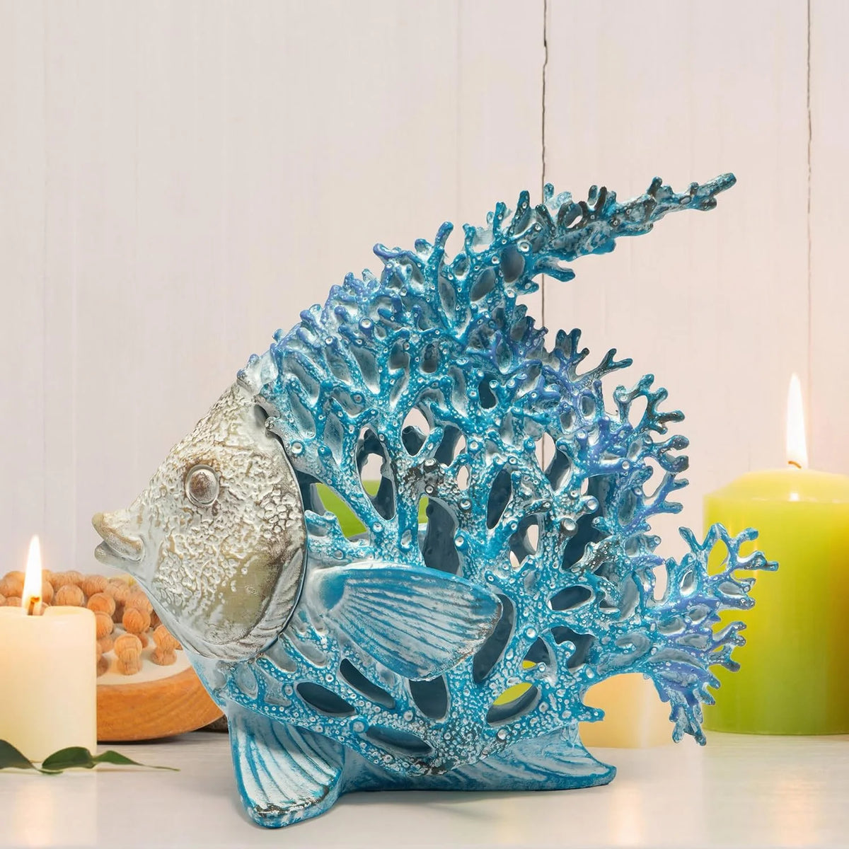 Hodao 7.75 Inch Resin Coral Reef Fish Figurine, Hand-Painted Blue and Ivory Angelfish Sculpture with Stone-Textured Finish, Coastal Ocean Sea Life Decor for Beach House, Living Room, Bathroom, Bookshelf, Tabletop, Office Desk