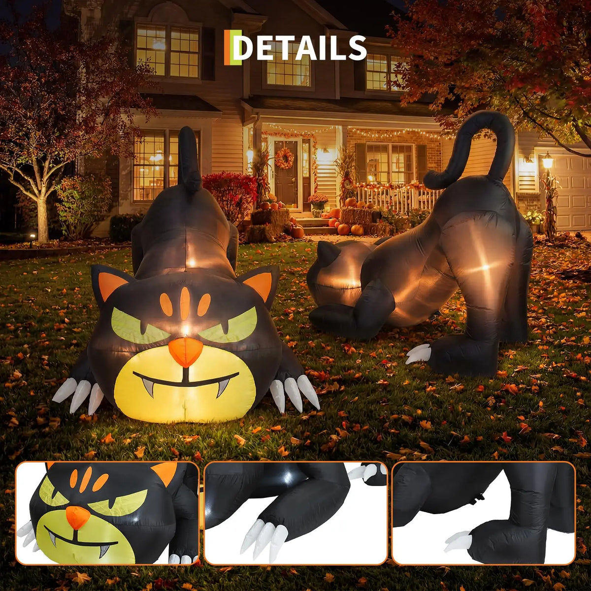 7ft Halloween Inflatable Crawling Black Cat Outdoor Yard Decor With 3 Led Lights, Blower, Stakes & Ropes For Lawn Garden Porch