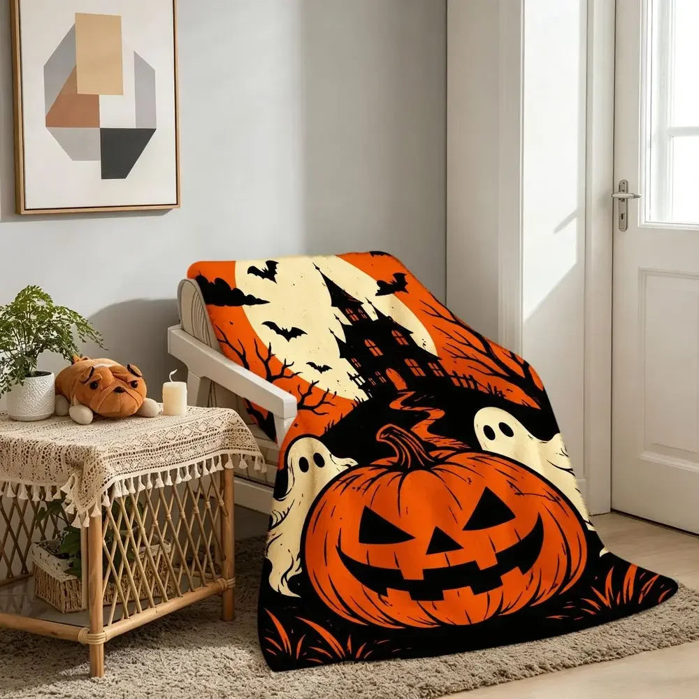 Halloween Throw Blanket Orange Black Pumpkin Ghost Haunted Mansion Moon Bats Cozy Soft Flannel Blanket for Sofa Living Room Travel Camping Gift for Fall Halloween Decor