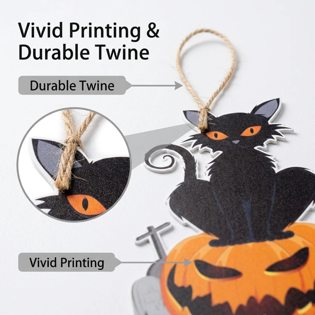 Halloween Door Hanging Decoration Spooky Black Cat on Pumpkin Jack-o-Lantern Wall Sign for Haunted House Party Bar Indoor Outdoor Home Decor Props 40 x 27.2cm