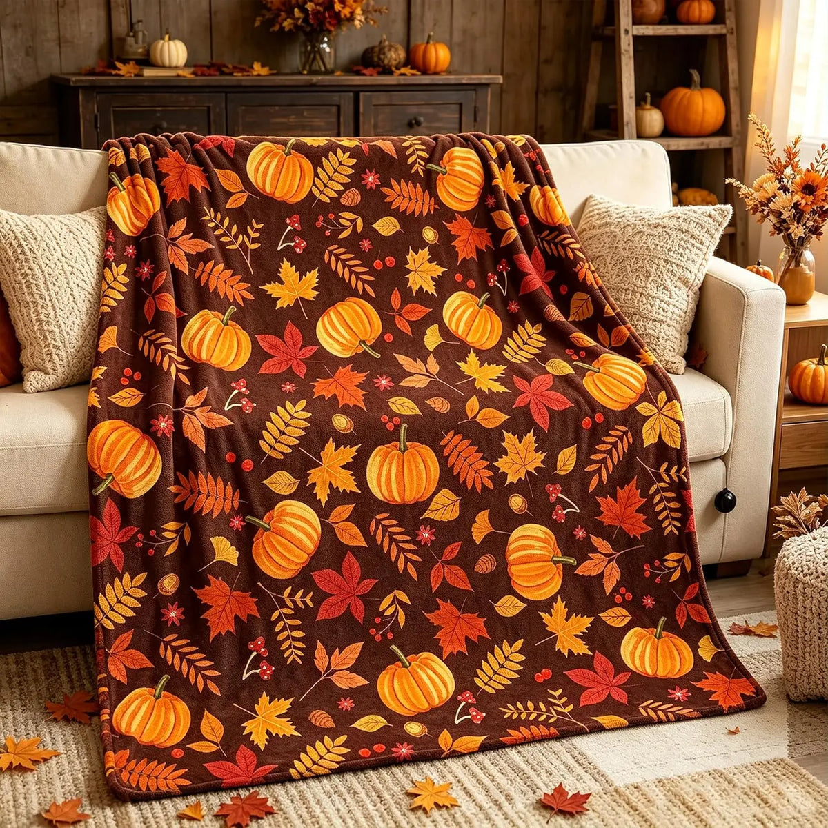 50"x60" Fall Pumpkin Maple Leaf Throw Blanket, Red Brown Soft Flannel Fleece Blanket, Warm Cozy Thanksgiving Harvest Decorative Blanket for Sofa Couch Chair, Fall Home Gift for Family Friends