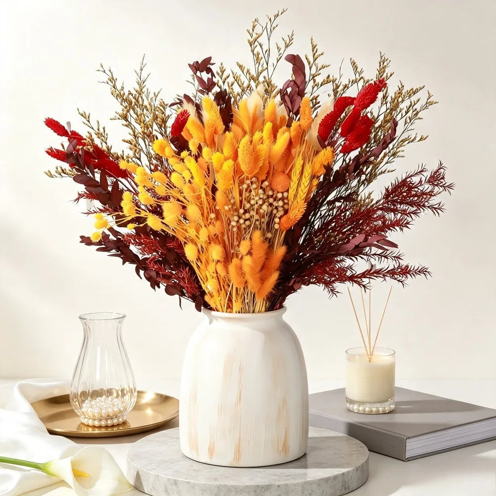 Autumn Boho Dried Flower Bouquet, Bunny Tails Grass, Setaria, Limonium, Preserved Leaves, Natural Dried Floral Vase Filler, Home Table Thanksgiving Wedding Decor, Christmas Valentine's Day Party Decoration, Holiday Gift for M