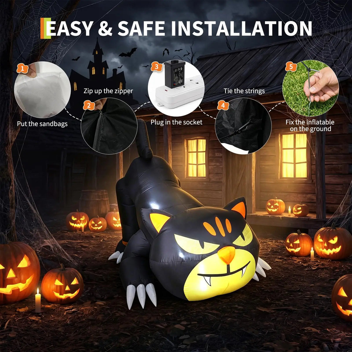7ft Halloween Inflatable Crawling Black Cat Outdoor Yard Decor With 3 Led Lights, Blower, Stakes & Ropes For Lawn Garden Porch