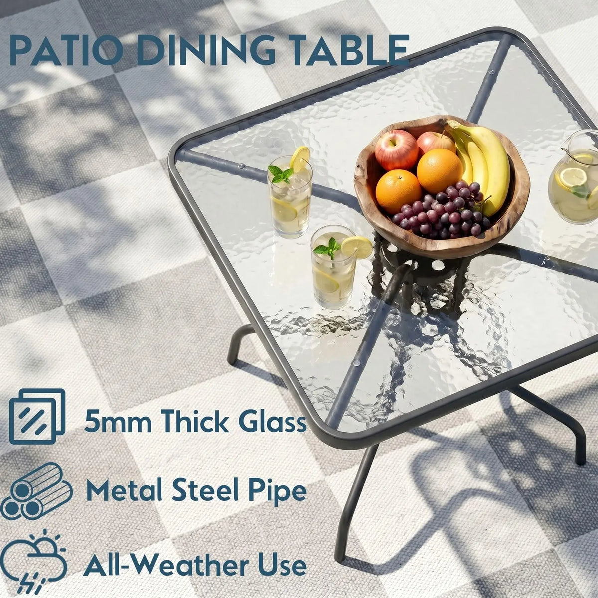 AOOU 5-Piece Outdoor Patio Dining Set Glass Table And Stackable Chairs Space-Saving 30''x30'' Metal Frame Umbrella Hole All-Weather for Backyard Poolside