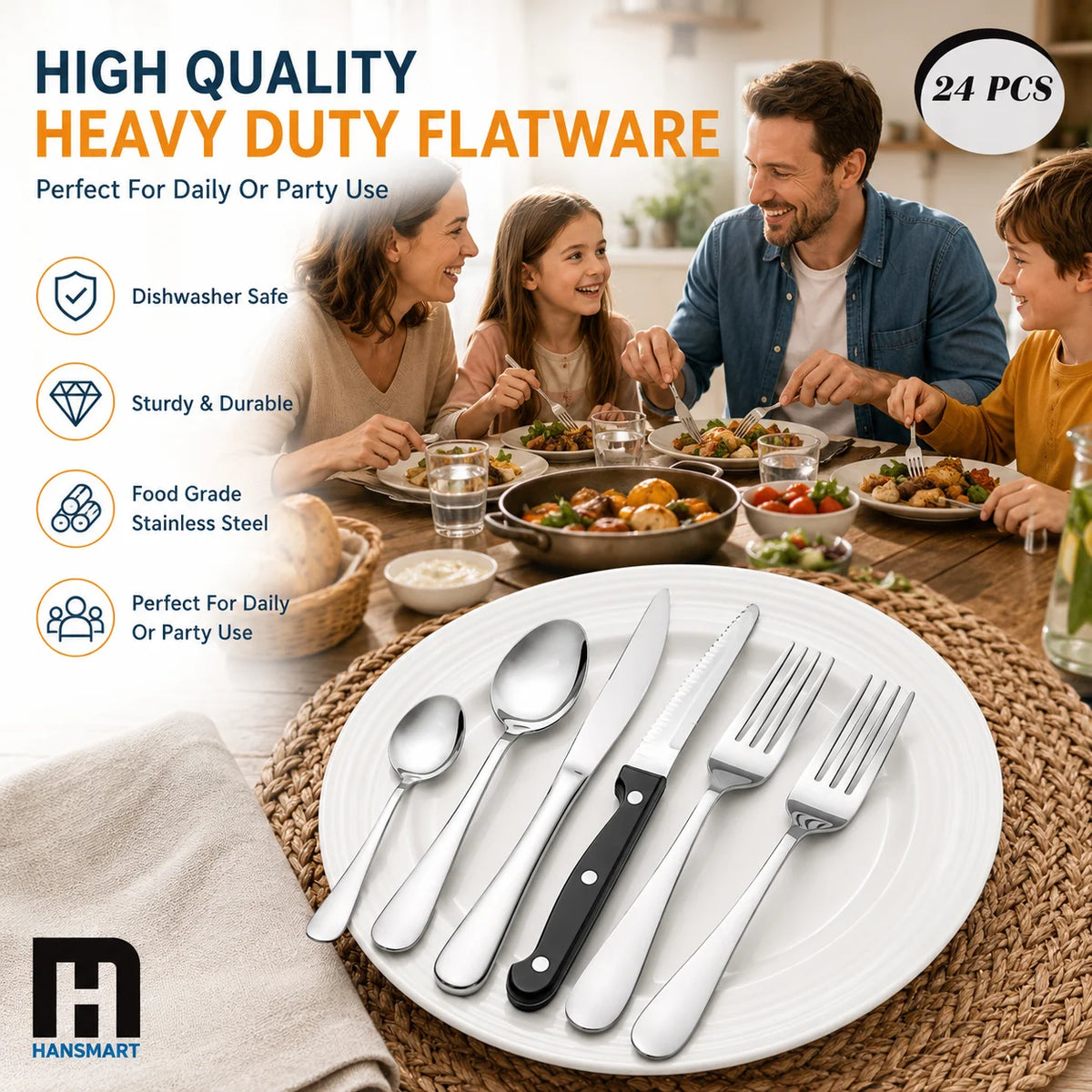 HanSmart Stainless Steel Flatware Set With Steak Knives Forks