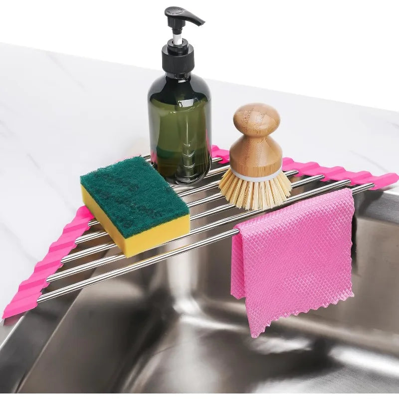 Marble Triangle Roll-Up Dish Drying Rack for Sink Corner - Small, Foldable, Stainless Steel, Multipurpose Kitchen Drainer Caddy, Trivet, Rustproof Organizer, Storage Shelf