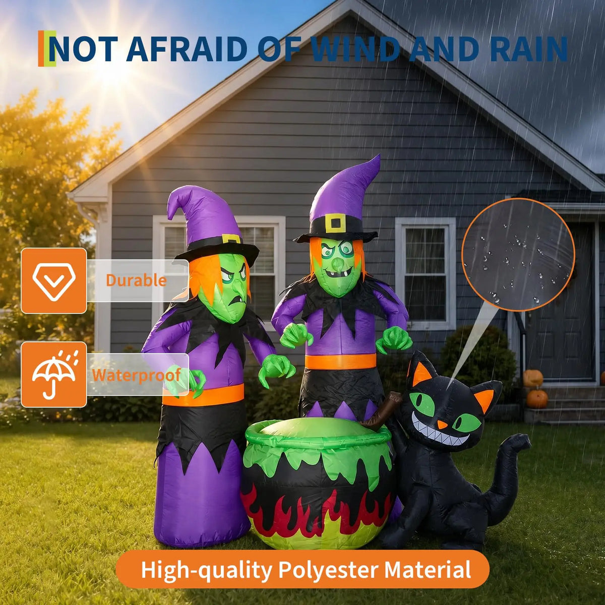 6ft Halloween Inflatable Witch Sisters Black Cat Cauldron With 6 Led Lights, Outdoor Yard Decor Blower For Lawn Porch Garden