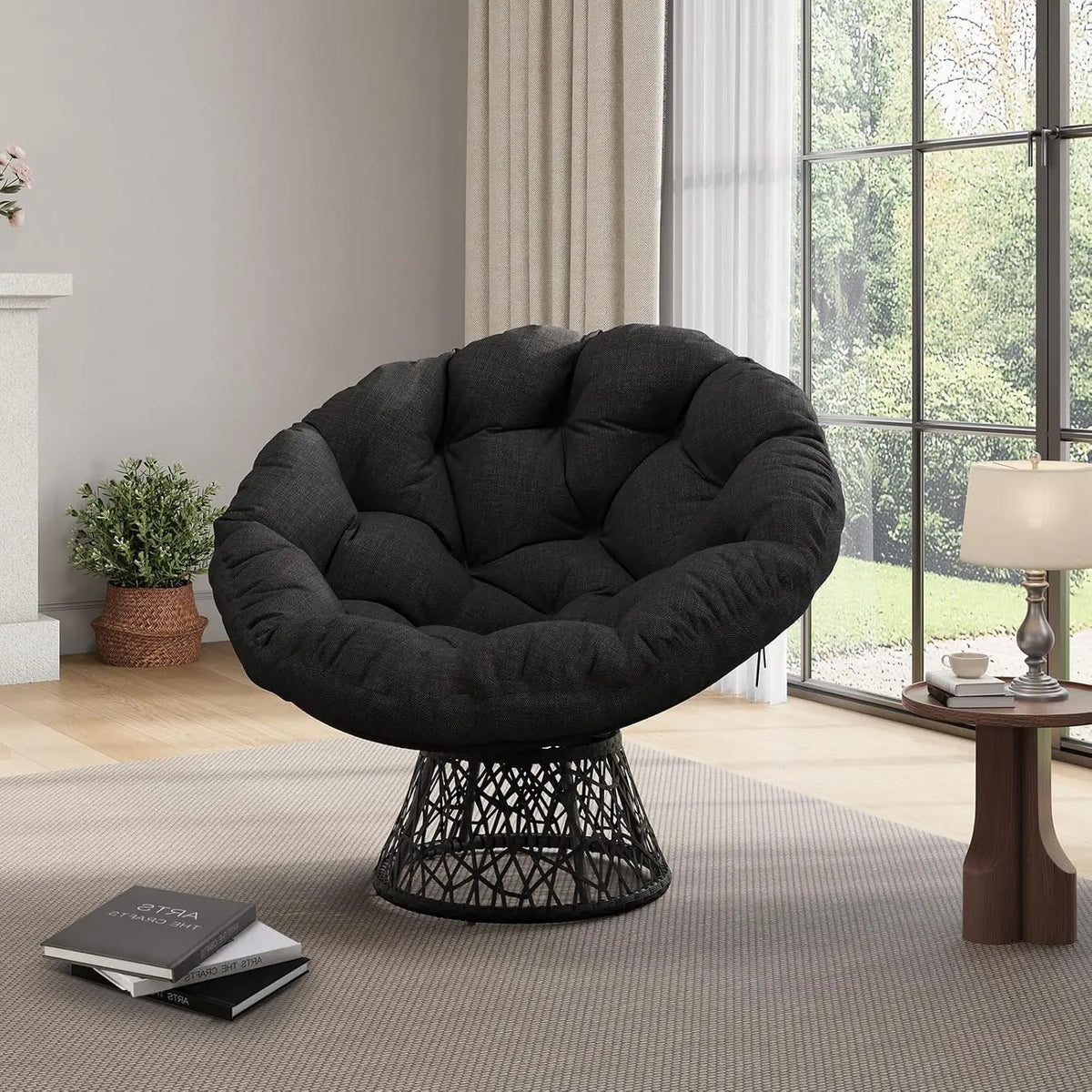 HiMISS Wicker Papasan Chair With Metal Swivel Base And Cushion
