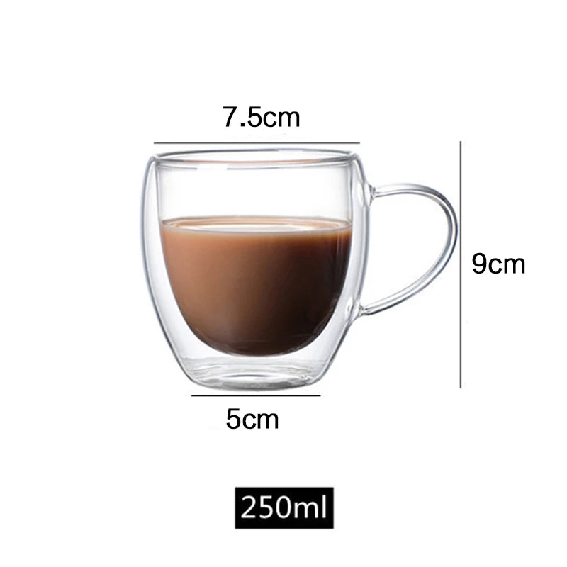 150/250/350/450ml Heat‑Resistant Double‑Wall Transparent Glass Mug For Coffee Tea Milk Whiskey Wine Cold‑Beverage Household Drinkware