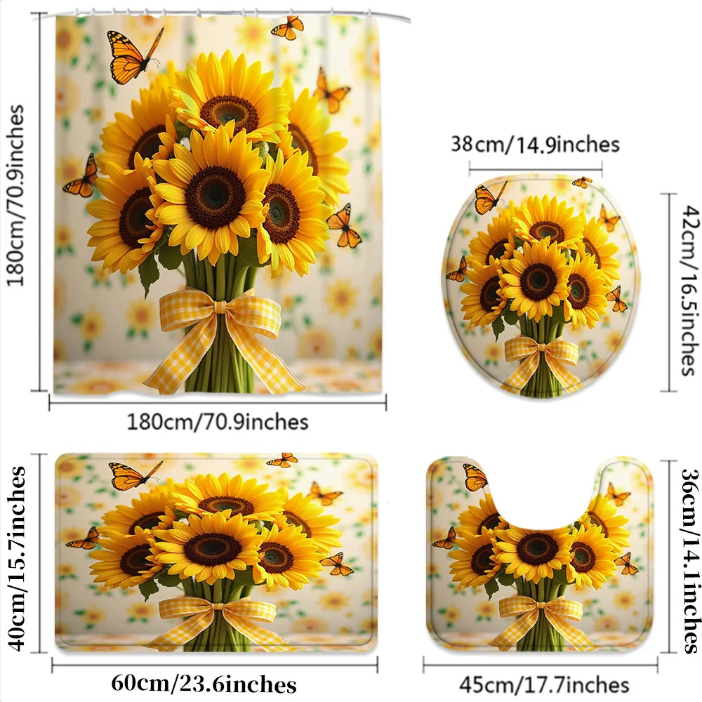 4pcs Sunflower And Butterfly Printed Shower Curtain Set - High-Quality Shower Curtain with 12 Hooks, Non-Slip, Toilet And U-Shaped - Modern Decorative Bathroom