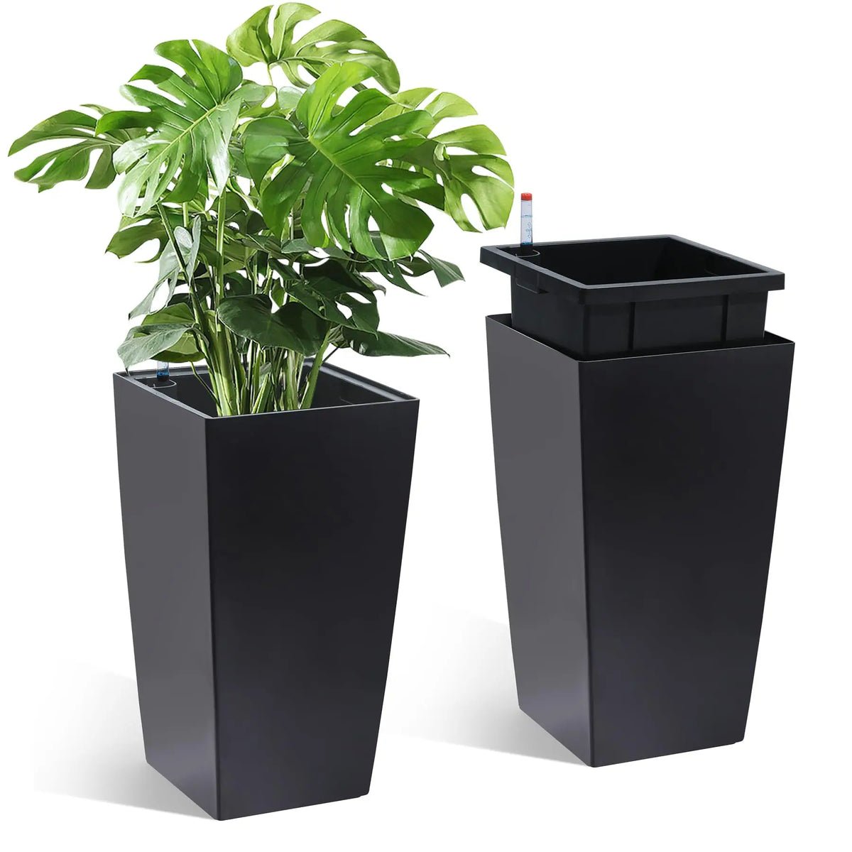 Tall Planters Set of 2, Outdoor＆Indoor Black Planter Pots, High Front Porch Planter Pots With Drainage Holes＆Water Level Monitor＆Inner Bucket, Automatic Watering