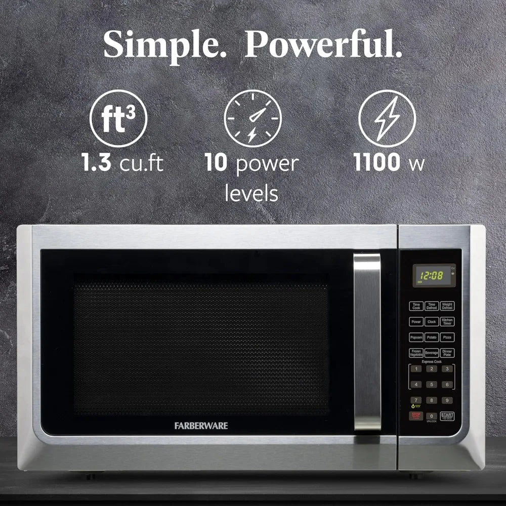 Farberware 1.3 Cu. Ft. Countertop Microwave Oven 1100 Watts Power Auto Cook Settings Defrost Easy Clean Child Safety Lock