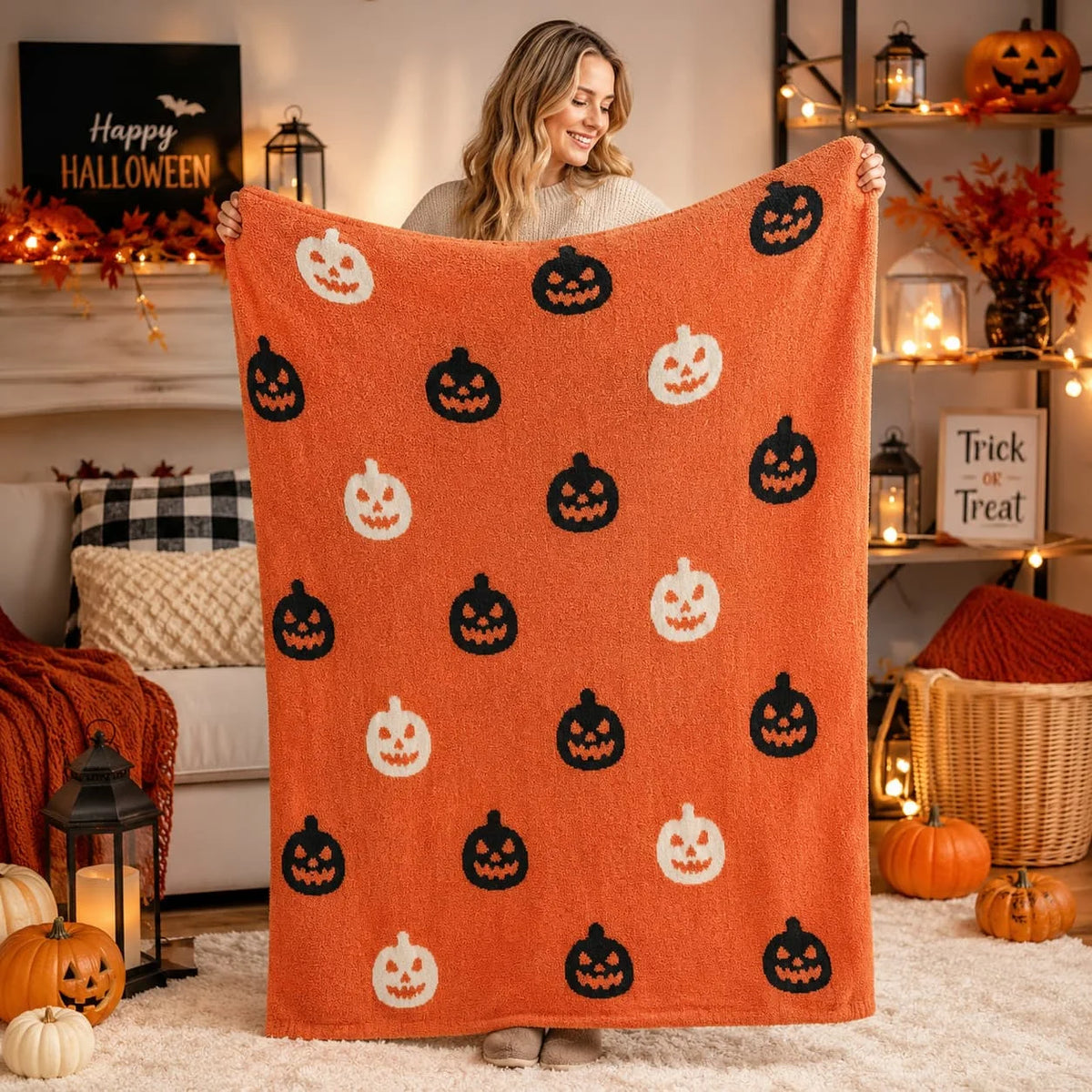 Snuggle Sac Halloween Throw Blanket Orange Pumpkin Blanket, Black Striped Halloween Throw Blanket for Couch 50x60 inches, Ultra Soft Decorative Striped Pumpkin Blanket