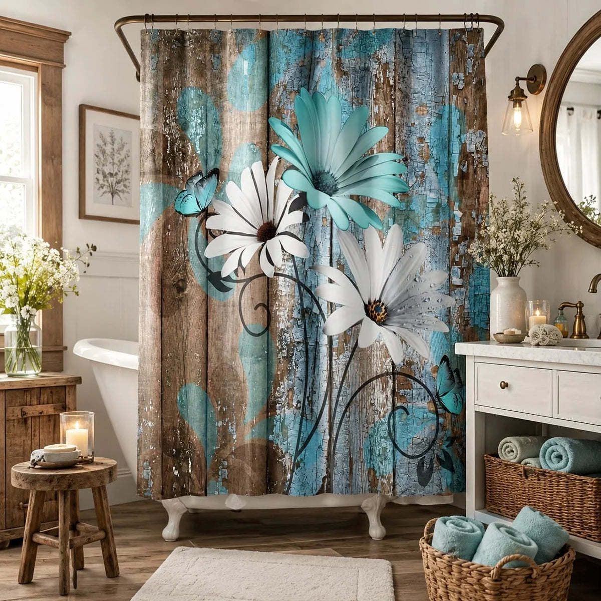 2D Flat, 2D Flat Banner 1pc 70.9X70.9Inch Farmhouse Flower Floral Shower Curtain, Rustic Teal Turquoise Daisy Shower Curtain, Country Blue Wild Garden Plant Fabric Shower Curtain with Hooks, Surreal Bathroom Curtain