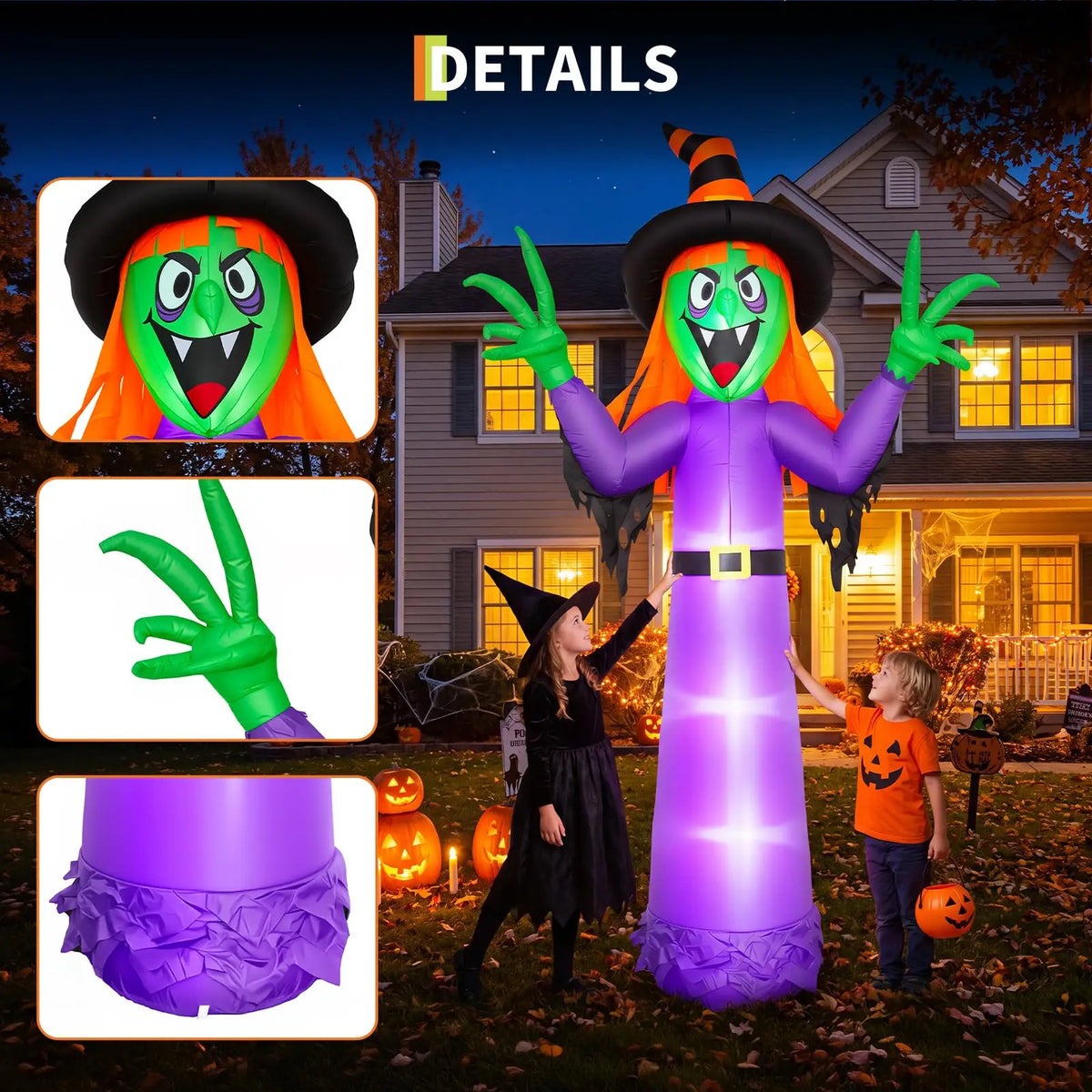 12ft Halloween Witch Inflatable Outdoor Yard Decoration With 4 Led Lights, Blower, Stakes & Ropes For Lawn Porch Haunted House Party