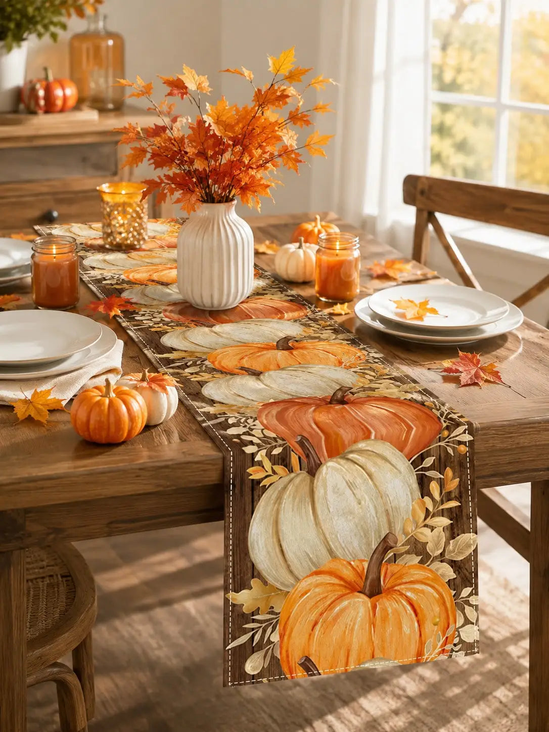 1pc-Fall Linen Table Runner, Patchwork Pumpkin Maple Leaf Table Decor, Rustic Farmhouse Autumn Dining Table Runner For Kitchen, Thanksgiving Harvest Holiday Decoration, Seasonal Centerpiece Cover For Everyday Use, Parties And