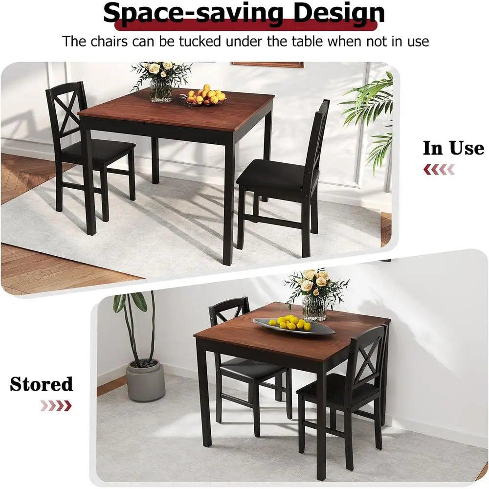 -Century ern Dining Table Set or 2, Wooden Kitchen Table & 2 Chairs with Padded Seats, 3-Piece Compact Dining Set or Small Space