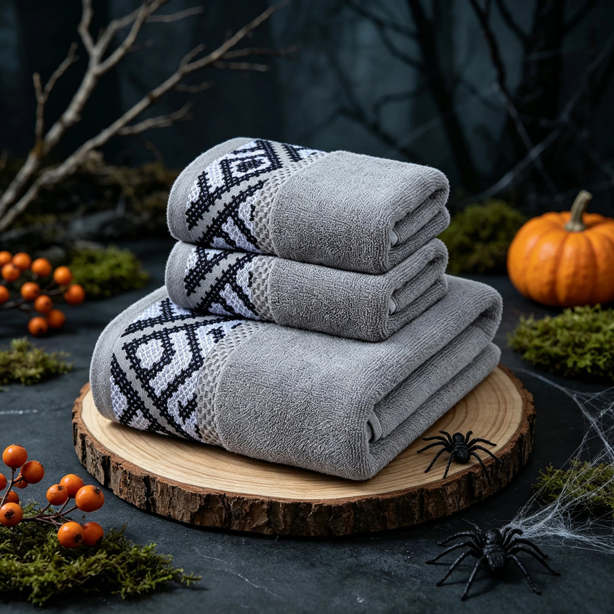 Halloween Themed Geometric Jacquard Towel Set, 100% Cotton Soft Highly Absorbent Bathroom Towels, Bath Towel & Hand Towel 3 Pack