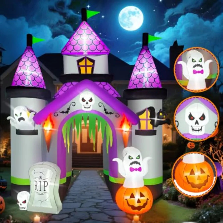 12.5FT Tall Halloween Inflatables Archway Haunted House Castle Giant Ghost Pumpkin Arch Blow Up Halloween Outdoors Yar