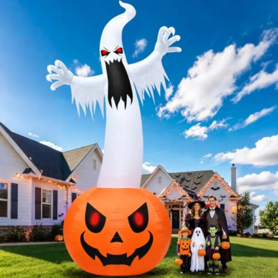 Halloween outdoor yard decoration: super giant 20 FT inflatable pumpkin ghost, PVC material, orange and white, built-in 9 LED l
