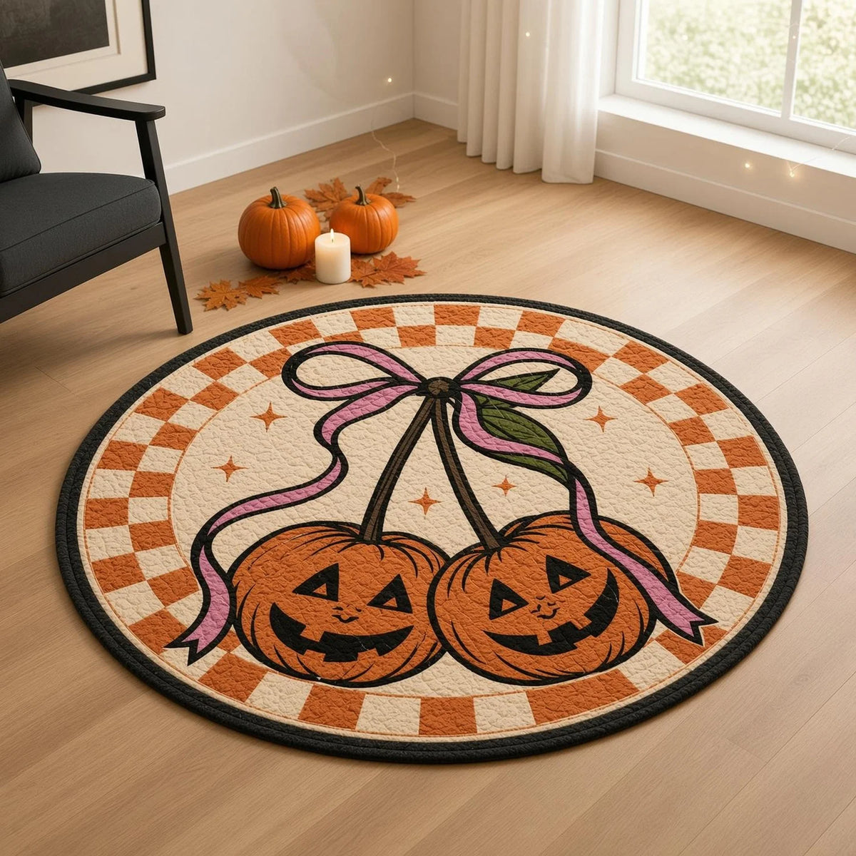 Halloween Pumpkin Bowknot Round Rug, Cute Pumpkin Lantern Rug, Coquette Autumn Home Decor, Pink Bowknot Pumpkin Rug