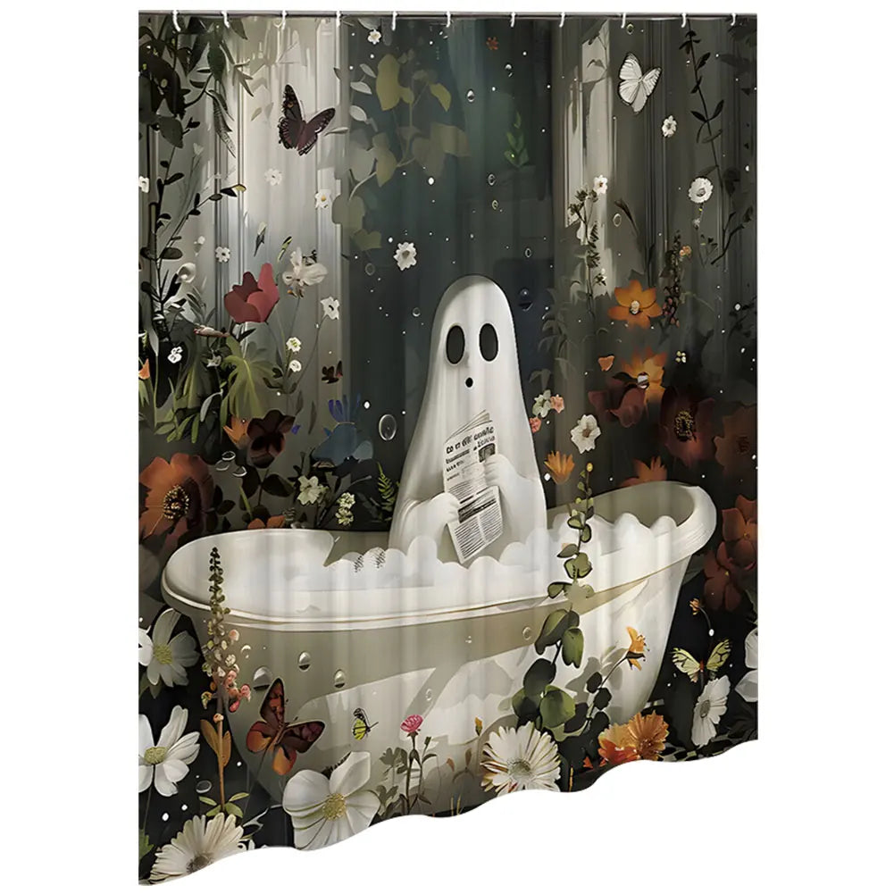 Cute Cartoon Ghost Shower Curtain Set Halloween Shower Curtain Washable Bathtub Curtain Polyester Fabric Spooky Bathroom Curtain