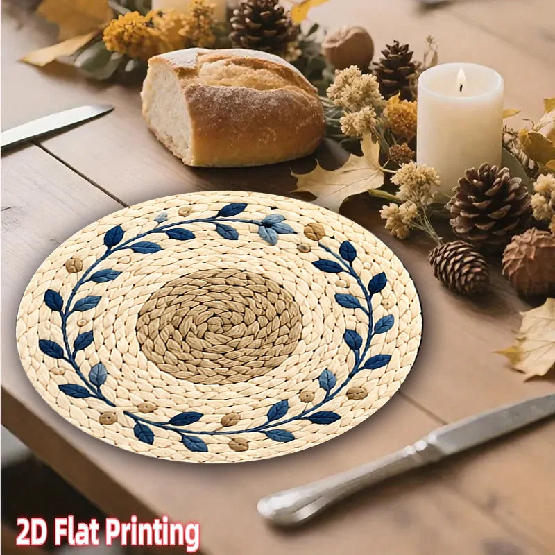 Set of 4 Beige & Blue Round Wooden Placemats - Suitable for Textured Dining Tables, Table Decor, Ideal for Parties, Easter Dinners and Table Settings, 2D Flat Print