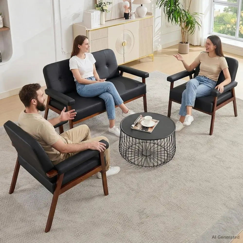 50”W Black aux Leather Small Oice Couch Loveseat Soa with Wood Arms, Century ern Love Seat Soas Lounge Armchair Living Room Bedr