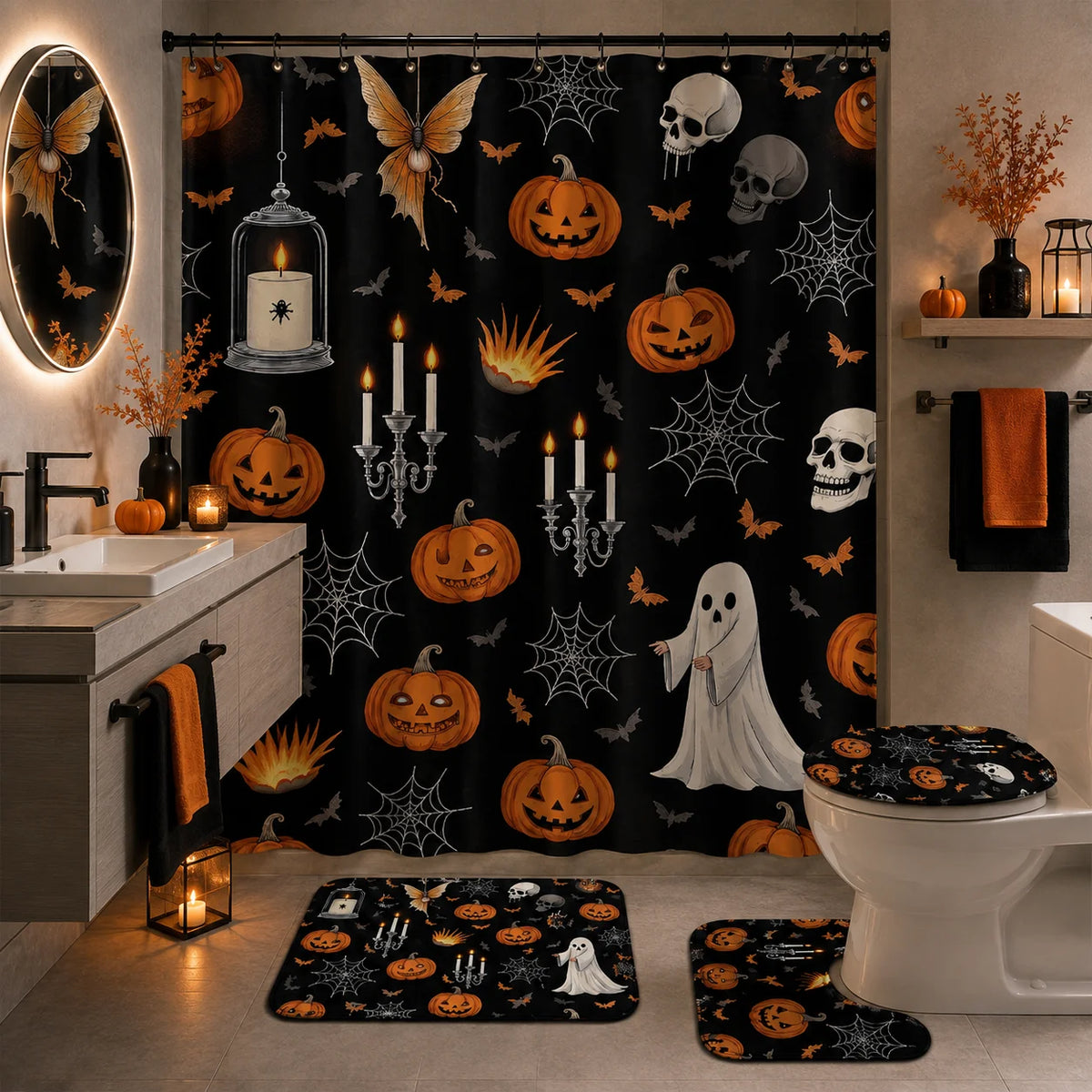 4pcs Halloween Printed Shower Curtain Set, Includes 12 Plastic Hooks, Machine Washable, Bathroom Accessories, Holiday Decor, Holiday Gift, Bathroom Decoration, Home Decor