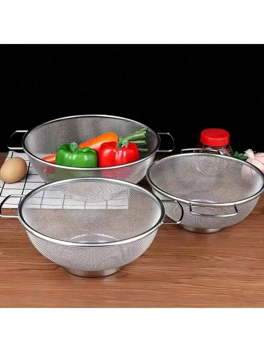 3pcs Stainless Steel Strainer Set With Handle Fine Mesh Metal Screen For Pasta, Vegetables, Rice, Fruits And Food Kitchen Sprayer, Strainer Basket Kitchen Rice Wash Dish Bowl, Kitchen Supplies SH25071897629956407