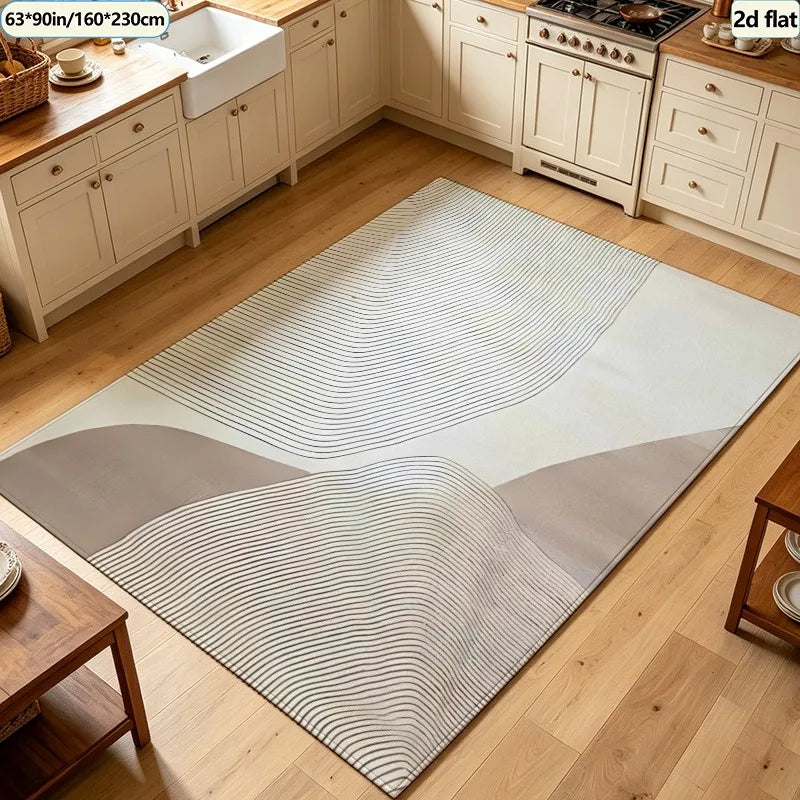 Neutral Beige Abstract Line Carpet Flooring, Mid-Century Curved Contour Geometric Area Rug Non-Slip Floor Mat for Living Room Apartment Home Decoration