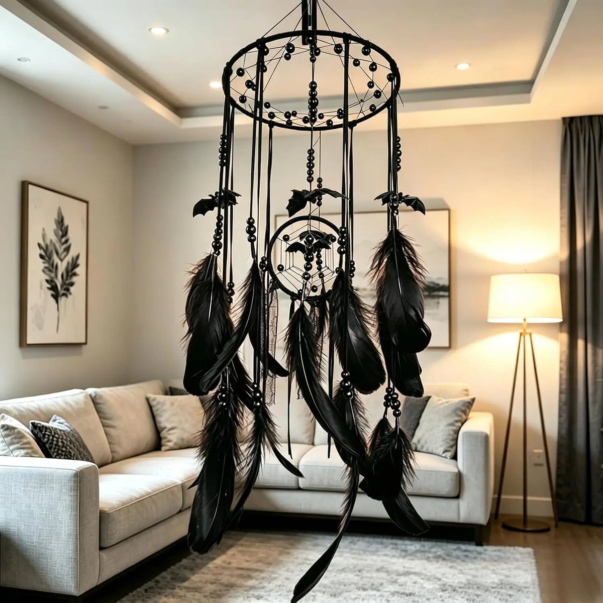 Halloween Gothic Black Dreamcatcher with 5 Bat Ornaments - Wall Hanging for Witchy Home Outdoor Decor, Halloween Bat Decor, Dark Gothic Gift, Goth Wall Hanging Decor