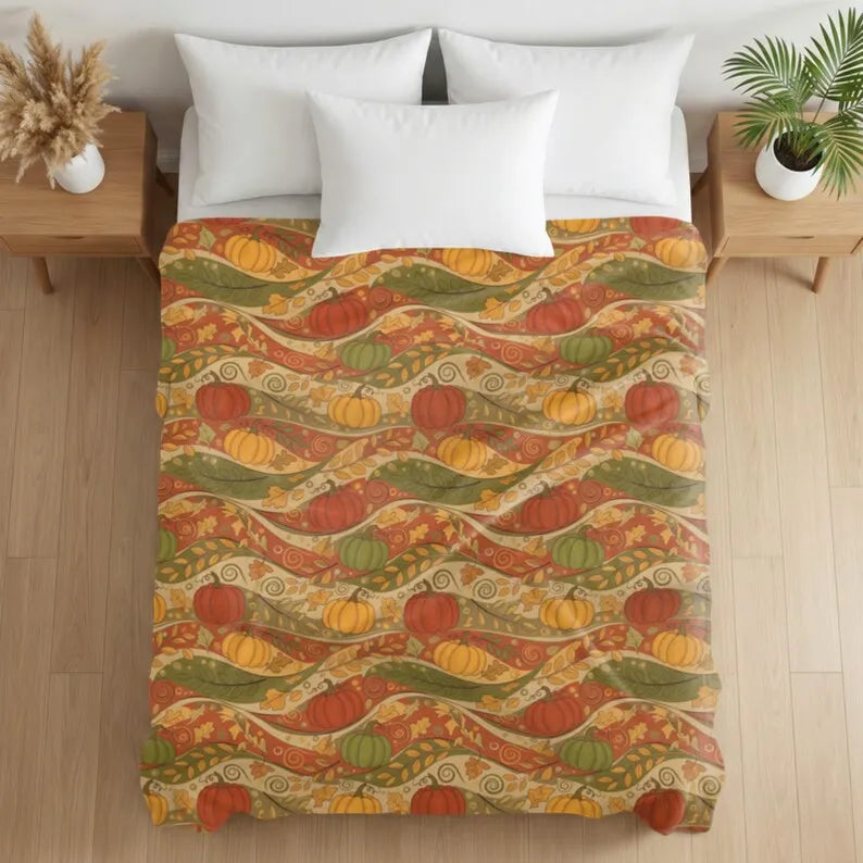 Autumn Harvest Blanket, Pumpkin Wave Throw, Fall Farmhouse Bedding, Orange Pumpkin Throw, Autumn Wave Blanket, Harvest Season Gift