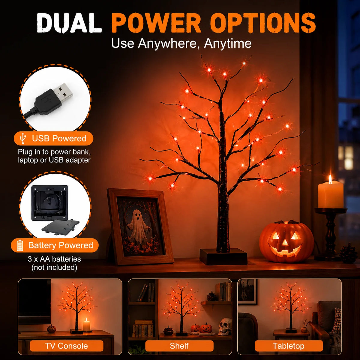 Halloween Tree Lights, 2 Pack LED Orange Purple Halloween Decor 2 Pack Halloween Tree Lights with 48 LEDs, Orange & Purple Glow, USB and Battery Powered for Indoor Halloween Decorations