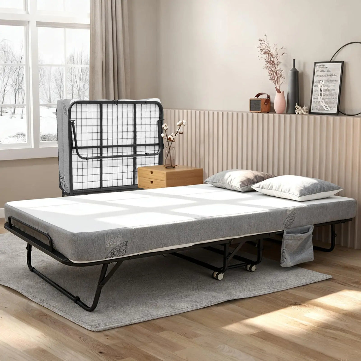 Portable Folding Bed With 6 Inch Memory Foam Mattress Sturdy Steel Frame Foldable Rollaway Guest Bed With Wheels Space Saving Spare Bed For Apartment RV Dorm Overnight Visitors