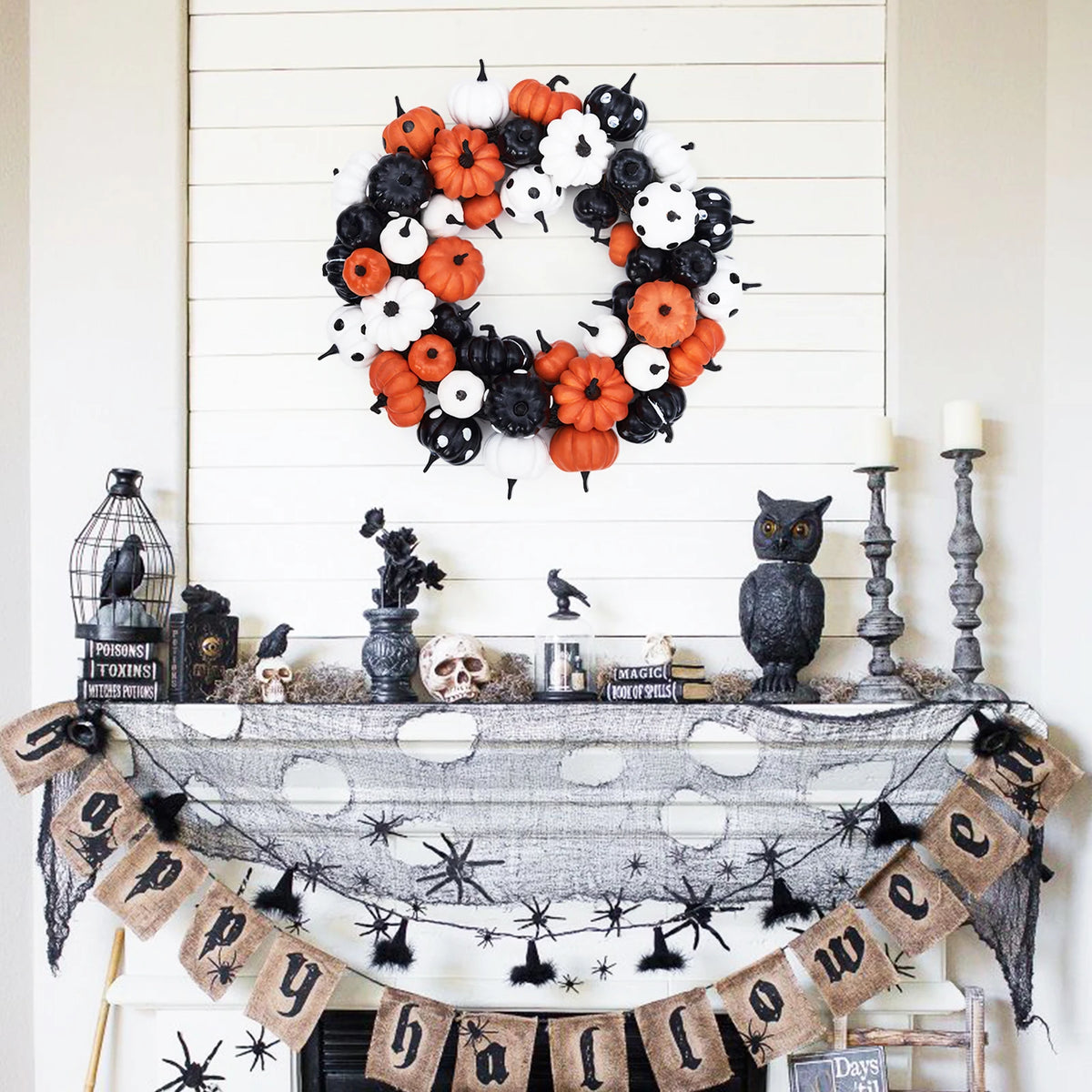 Halloween Pumpkin Wreath, with Orange, Black and White Pumpkins, Rattan Bottom Thanksgiving Indoor Home Party Decor