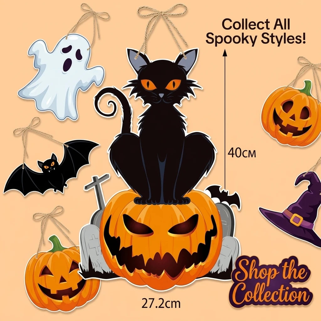 Halloween Door Hanging Decoration Spooky Black Cat on Pumpkin Jack-o-Lantern Wall Sign for Haunted House Party Bar Indoor Outdoor Home Decor Props 40 x 27.2cm