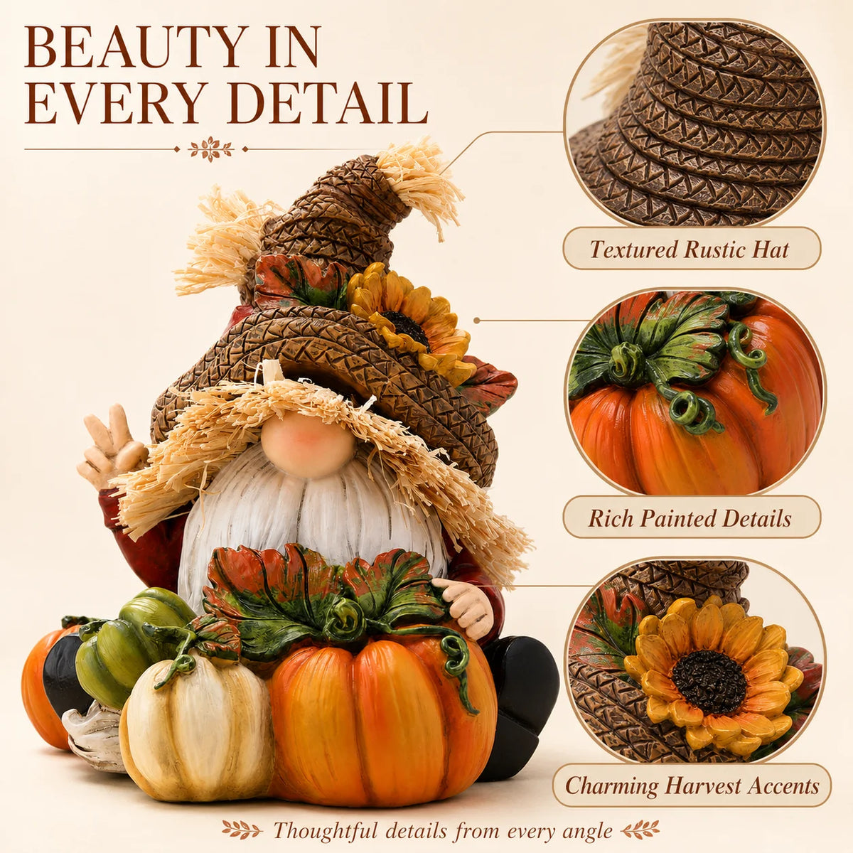 Hodao Resin Fall Scarecrow Gnome Figurine with Pumpkin Harvest Decoration, Farmhouse Thanksgiving Sitting Gnome Statue for Tabletop Shelf Sitter, Autumn Holiday Decor Gift for Home Garden, Hand-Painted Seasonal Ornament, Coun