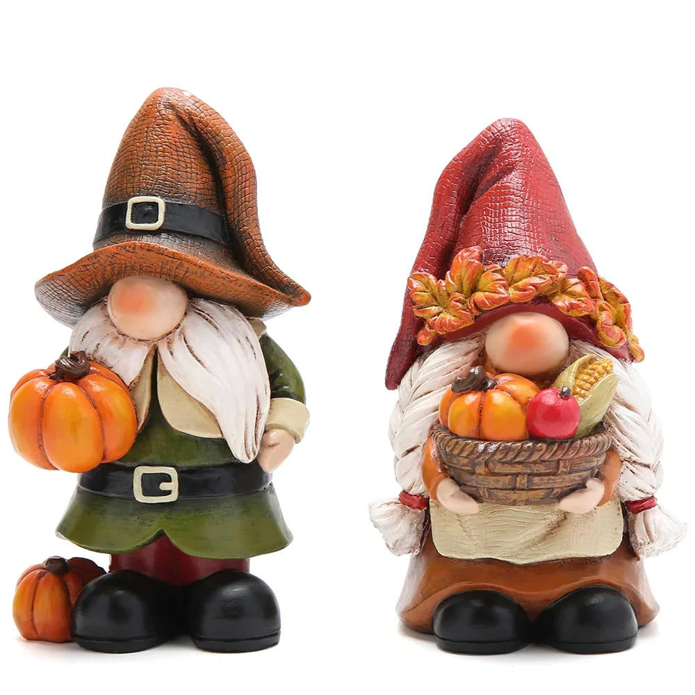 Hodao Resin Fall Gnome Figurine Set, 2-Piece Thanksgiving Gnome Figure Model with Pumpkin, Harvest Basket, Autumn Leaves and White Beard, Collectible Tabletop Shelf Sitter Decor for Fireplace Mantel Tiered Tray Home Display,