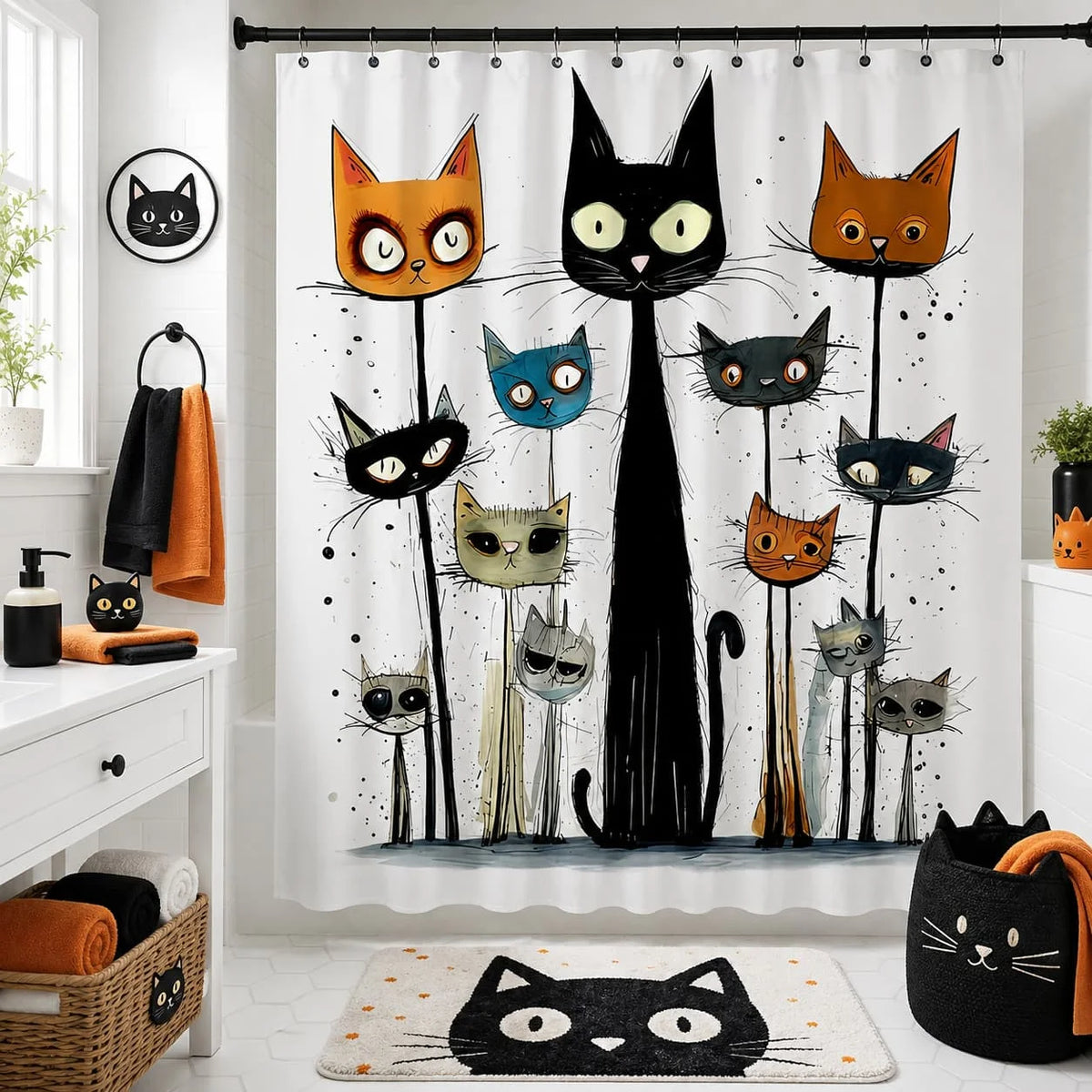 1pc Playful Cat Shower Curtain Durable Whimsical Cat Faces Print Shower Curtain with Hooks| Playful Black Cat Design, Machine Washable, Ideal for Bathroom Decor, All-Season Use