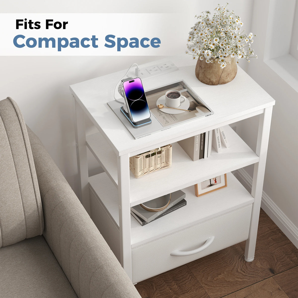 JHK 3-Tier Nightstand Set of 2 with Wireless Charging Station Bedside Tables with Adjustable Fabric Drawers Storage Open Shelf