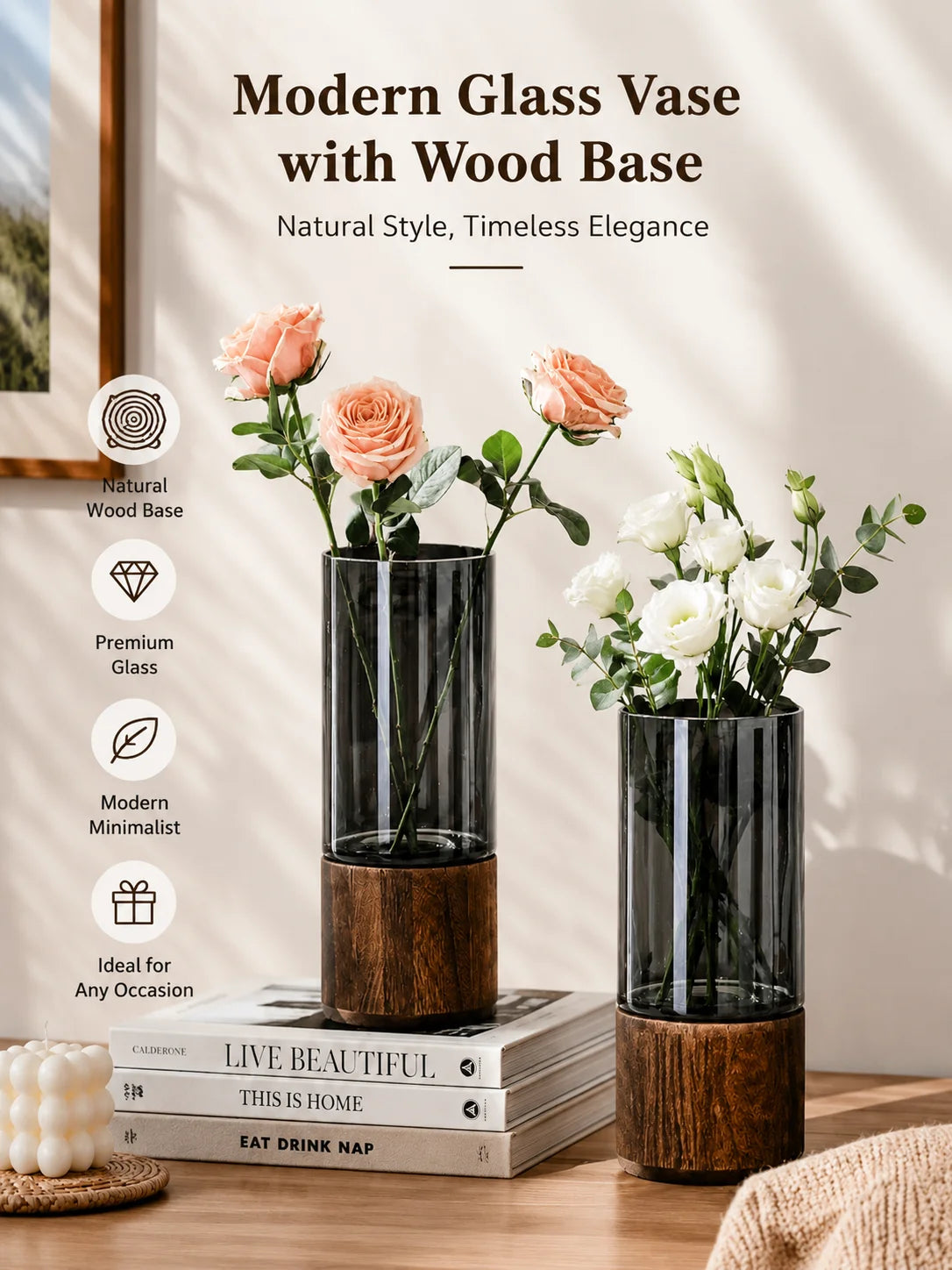 Modern Separable Cylinder Glass Vase, Smoke Grey Transparent Glass Vase with Natural Wood Stand, Minimalist Desktop Flower Arrangement Decor for Bedroom Office Entryway