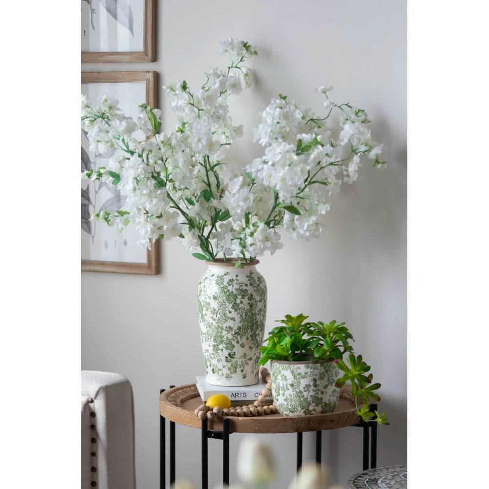 6.5x6.5x11.6" White Ceramic Flower Vase with Green Floral Pattern Nordic Decor Table Decorations Bottle Homestay MHHP