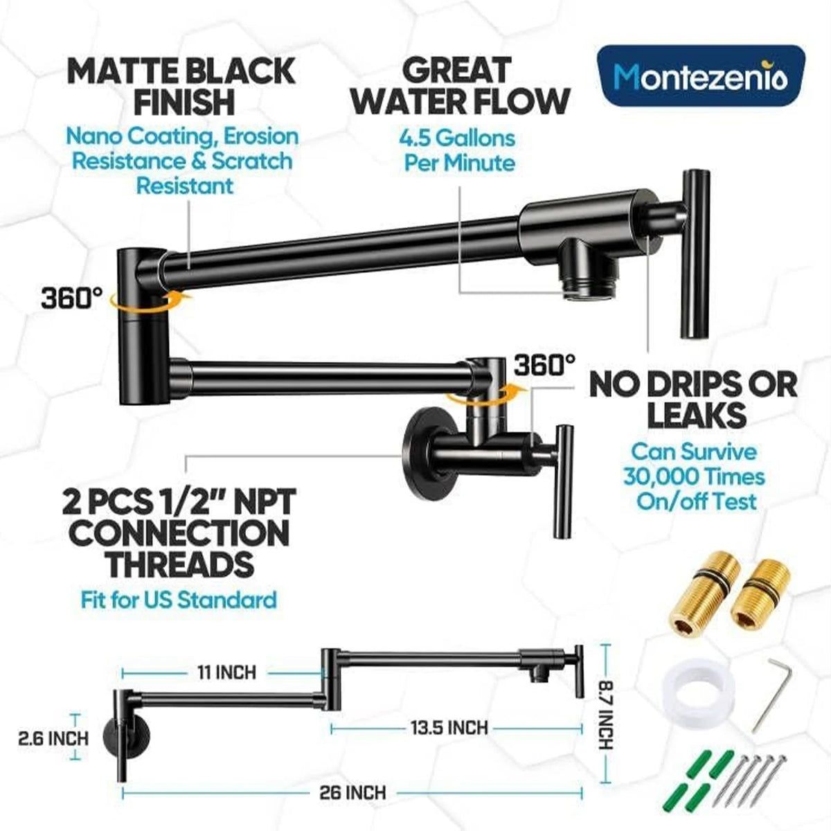 26 Inch Wall Mount Pot Filler Faucet Matte Black Solid Brass Foldable Extendable Swing Arm Kitchen Water Tap for Home Kitchen Cooking Pot Fill