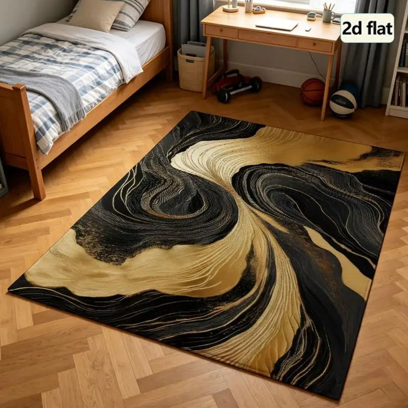 1 Piece Abstract Black And Gold Swirl Pattern Rug, Soft Comfortable, All Season, Lightweight Easy Care, Home Decor, Room Decor, Living Room Decor, Bedroom Decor, Dining Room Decor, Winter, Autumn