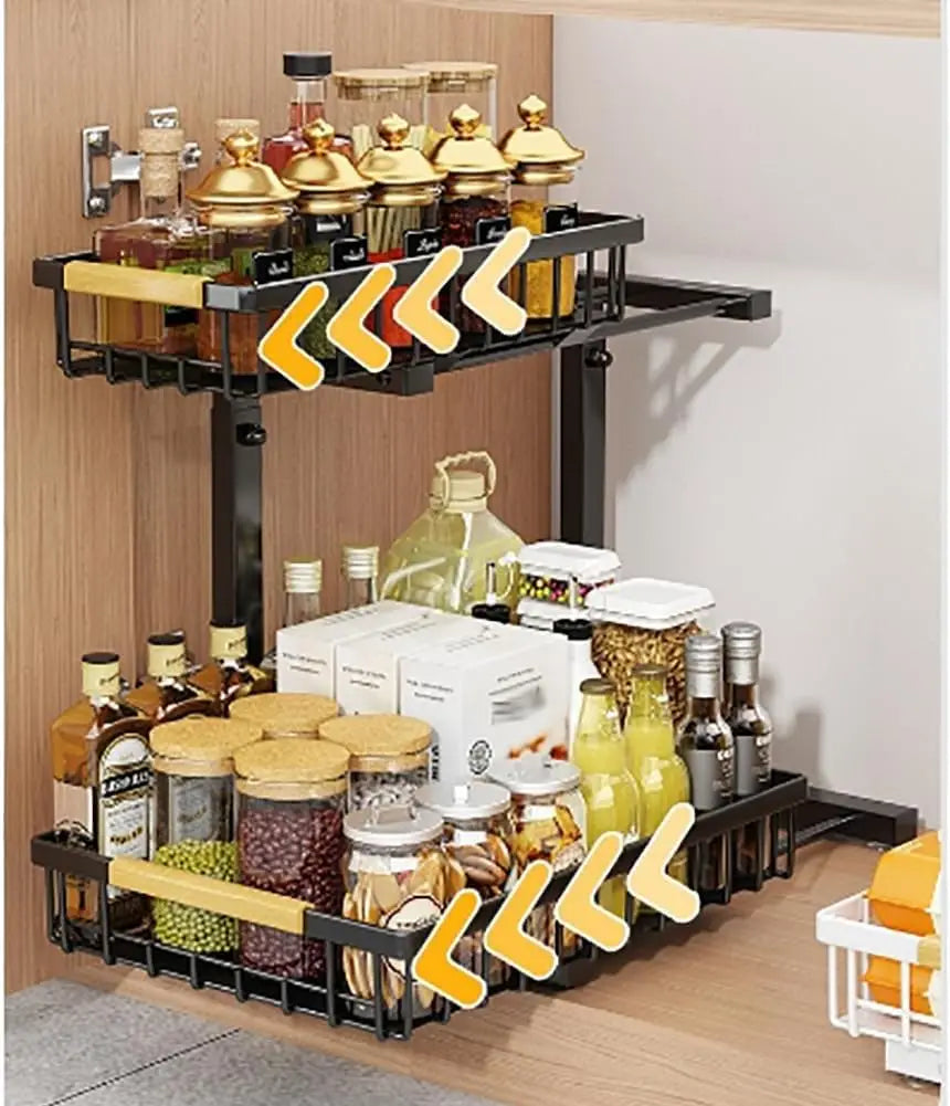 1PC 2 Tier Under Sink Organizer L-Shaped Multi-Function Shelf for Kitchen Bathroom Space Saving 16.5"–19.2" Carbon Cabinet Organizer