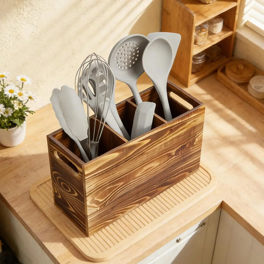 Takywep Rustic Pine Wood Utensil Holder Caddy for Kitchen Countertop – Large 3-Compartment Organizer with Handle – Farmhouse Silverware & Cooking Tool Storage Box, Brown, Size 30