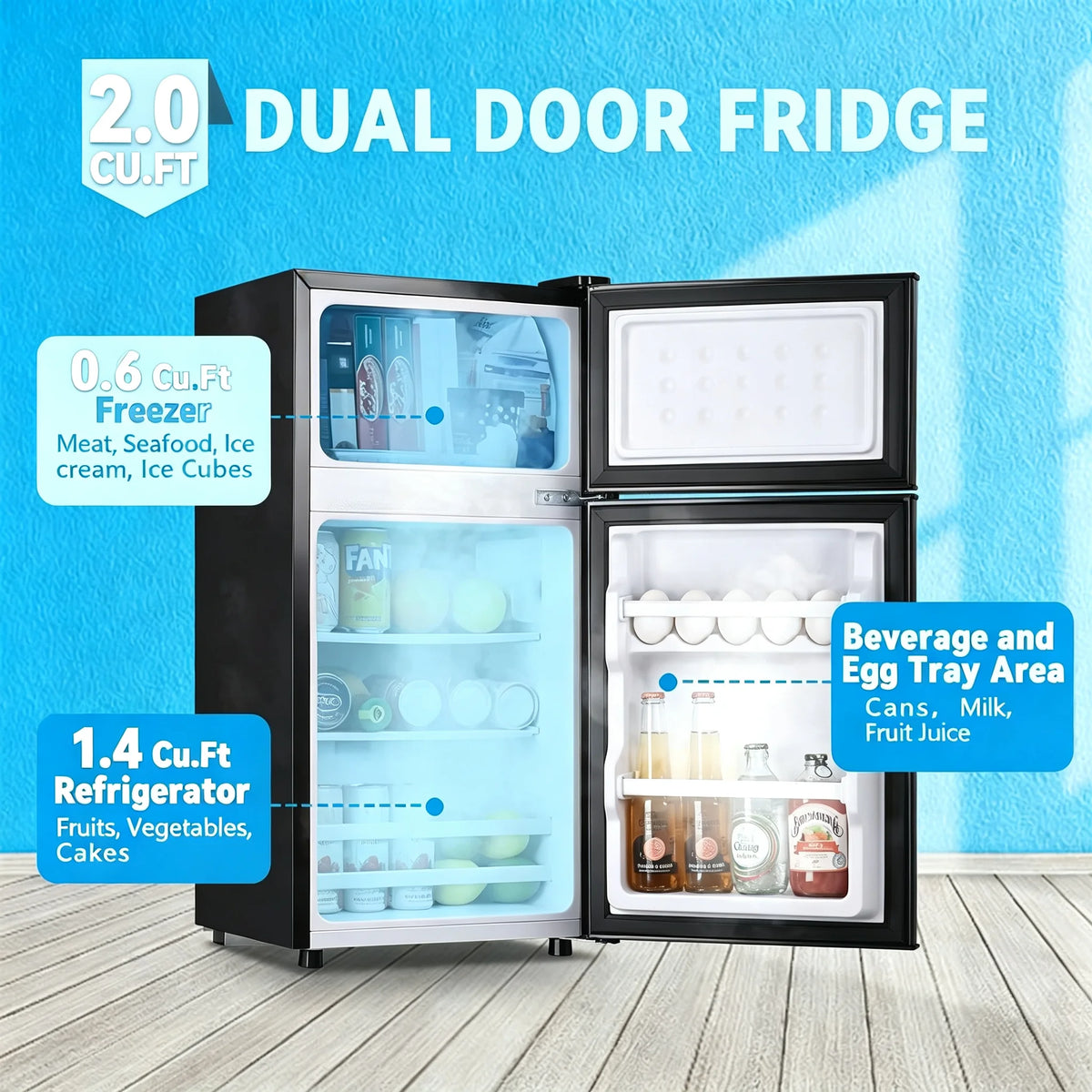 Mini Fridge with Top Freezer 2.0 Cu.ft Two Door Small Grey Refrigerator for Personal Use Includes Egg Tray
