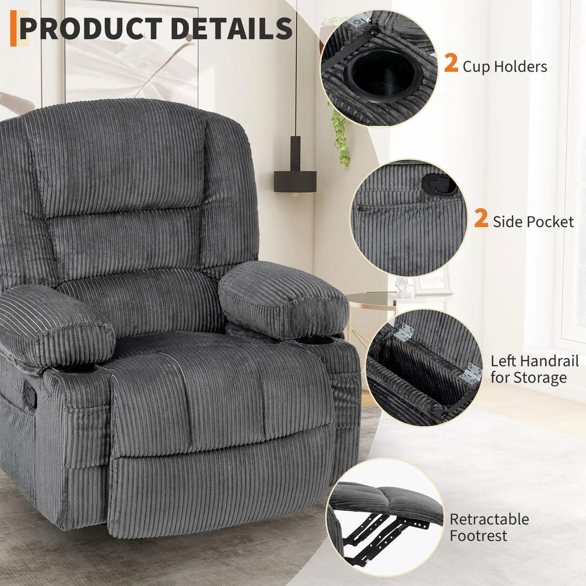 HiMISS Massage Recliner Chair With Heat Swivel Rocker And Storage